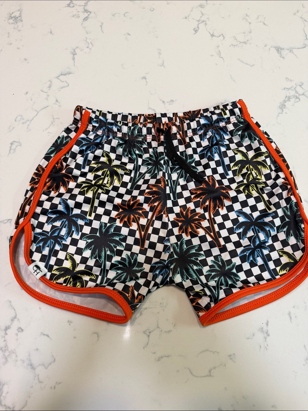 Checkerboard Palm Print swim Shorts with Orange Trim George Hats size 5-6